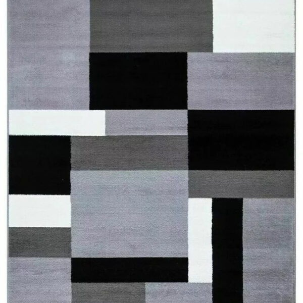 Grey Kilas Modern Geometric Rug full view showing grey, charcoal, black and white blocks Rugstars UK