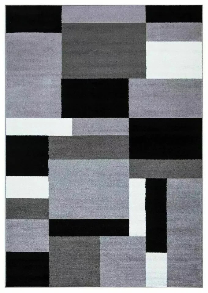 Grey Kilas Modern Geometric Rug full view showing grey, charcoal, black and white blocks Rugstars UK