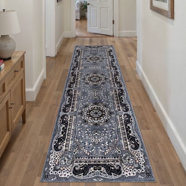 Grey Rada Traditional Runner Rug in grey and silver in a room setting Rugstars UK