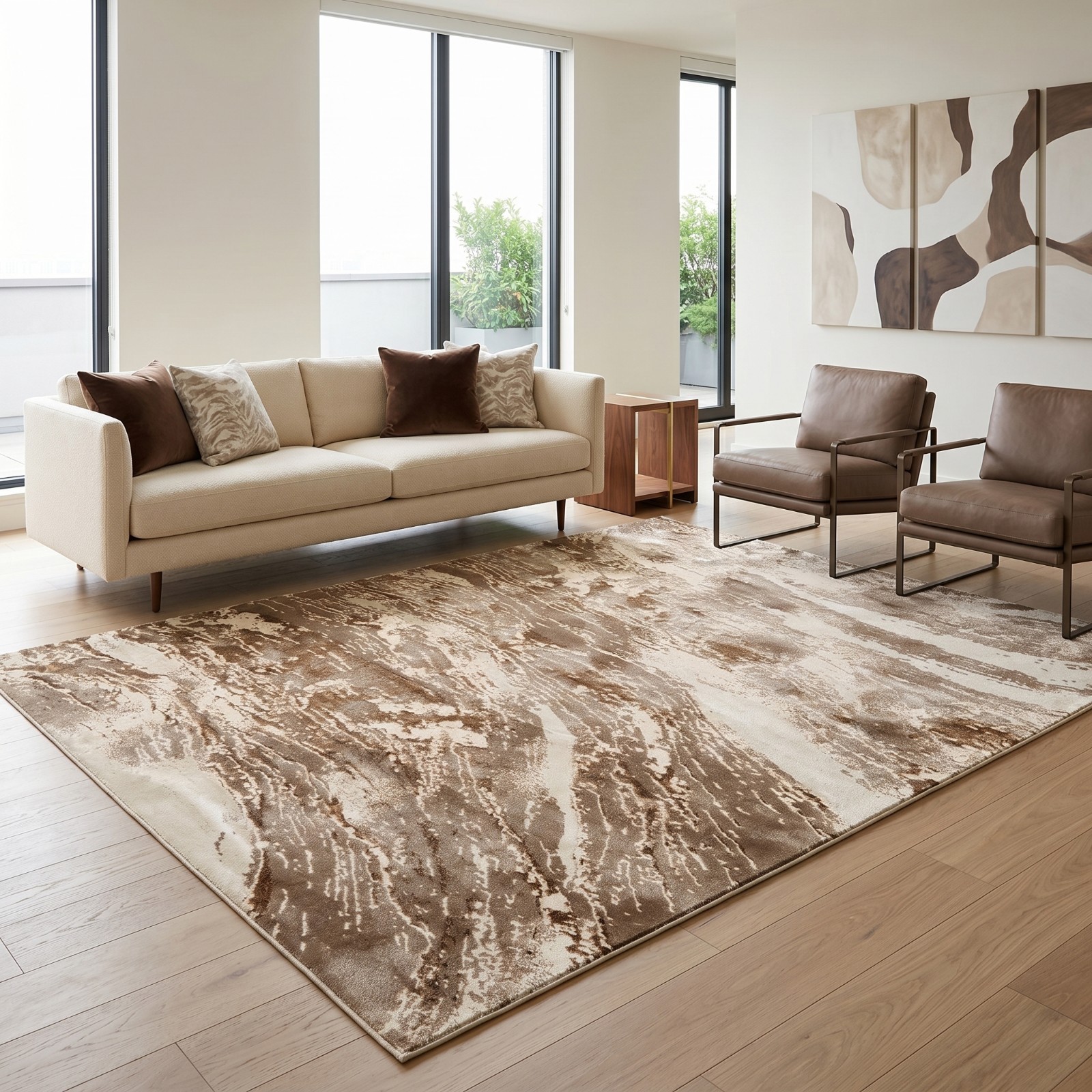 Mink Jeze Modern Distressed Rug in mink brown in a room setting Rugstars UK