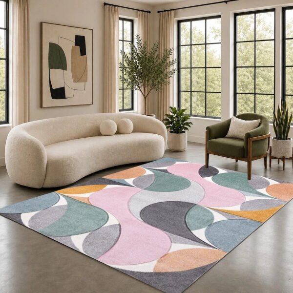 Multi Kenzo Geometric Area Rug in pastel multicolour in a room setting Rugstars UK