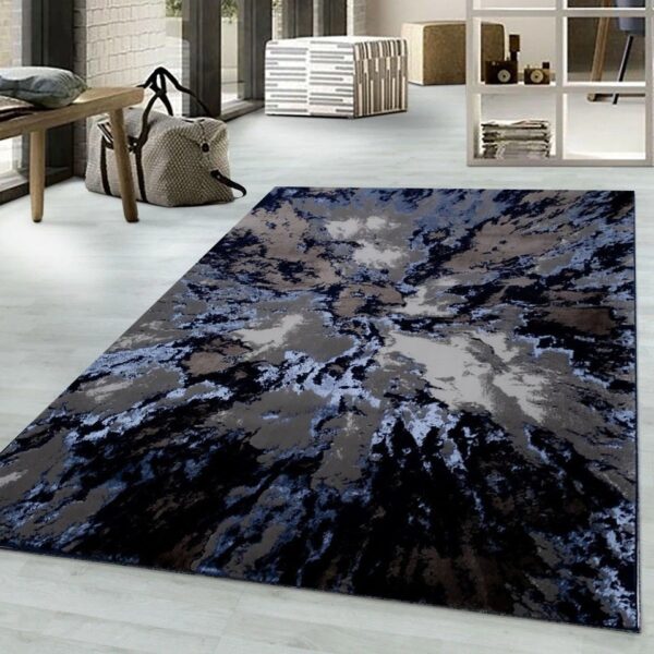 Navy Harlo Abstract Area Rug in navy, grey and white in a living room Rugstars UK
