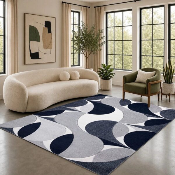 Navy Kenzo Geometric Area Rug in navy, grey and white in a room setting Rugstars UK