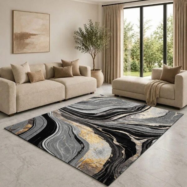 Ochre Gant Marble Effect Rug in black, grey and gold in a living room Rugstars UK