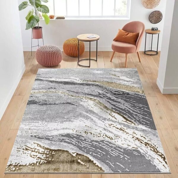 Ochre Jeze Modern Distressed Rug in grey and ochre in a room setting Rugstars UK