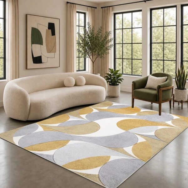 Ochre Kenzo Geometric Area Rug in ochre, grey and white in a room setting Rugstars UK