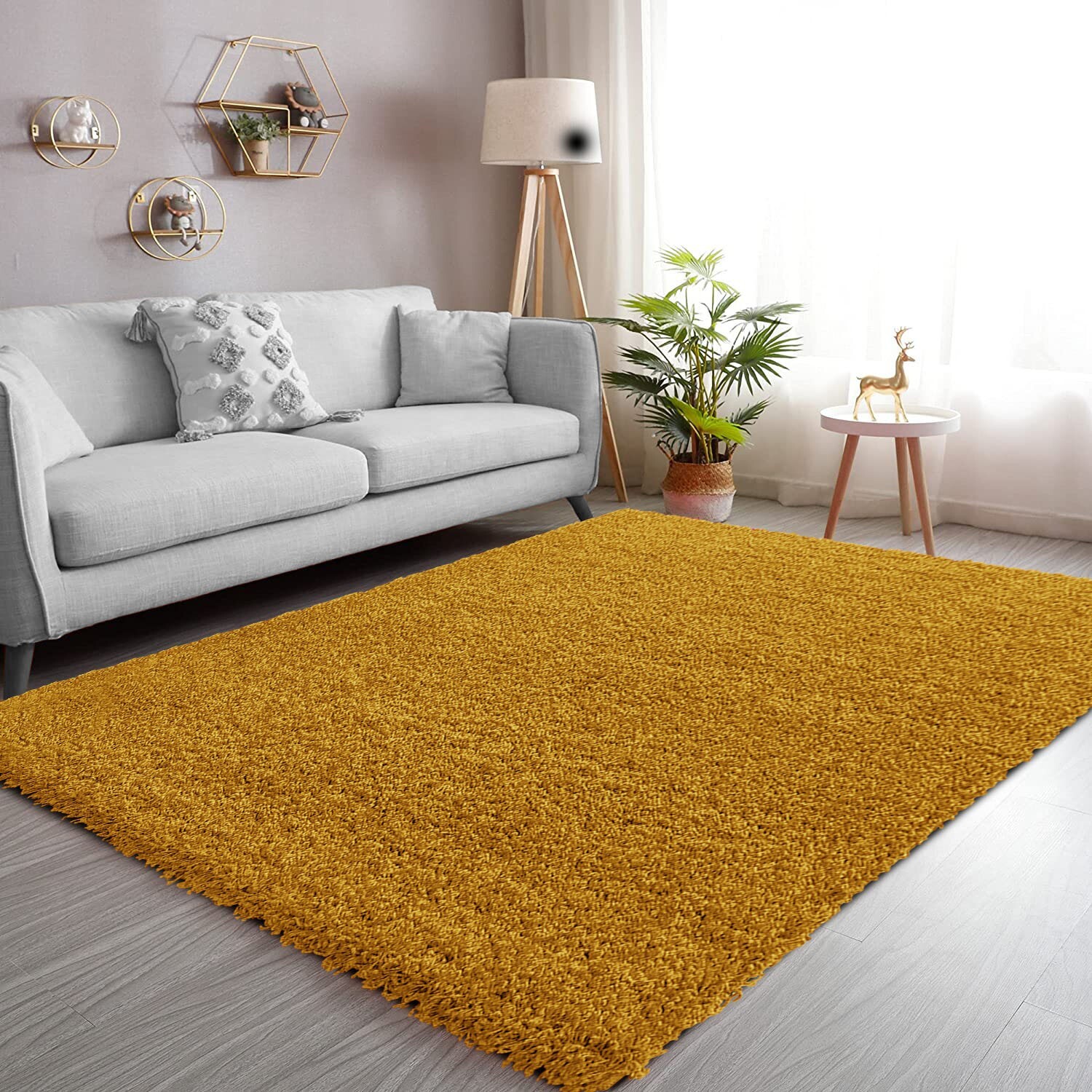 Ochre Verona Thick Shaggy Rug in ochre mustard in a living room Rugstars UK