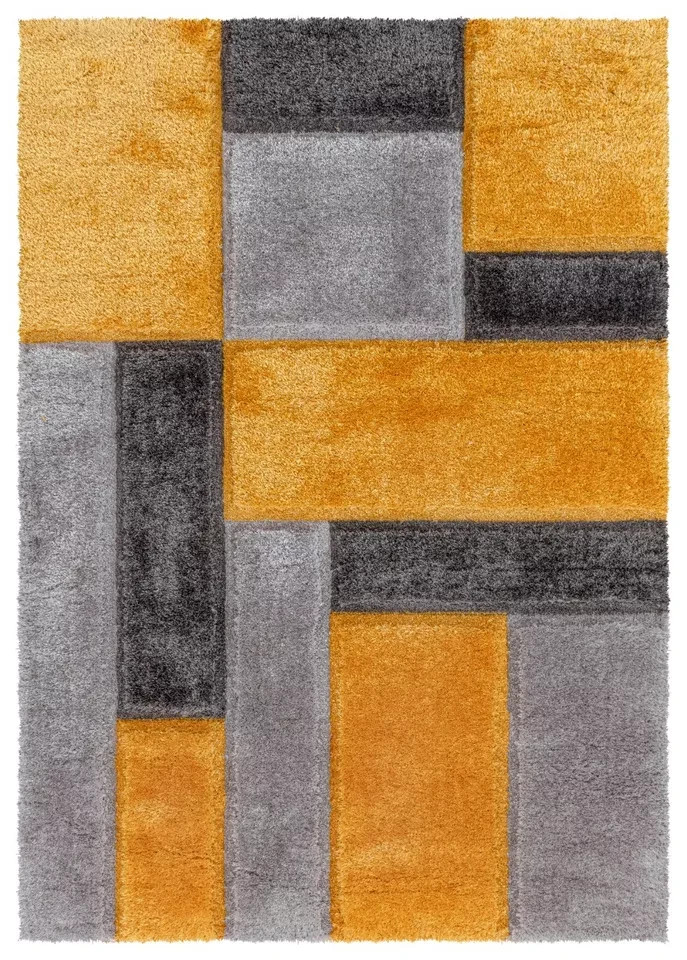 Ochre Zonic Patchwork Shaggy Rug detail view 1 Rugstars UK