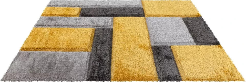 Ochre Zonic Patchwork Shaggy Rug detail view 2 Rugstars UK