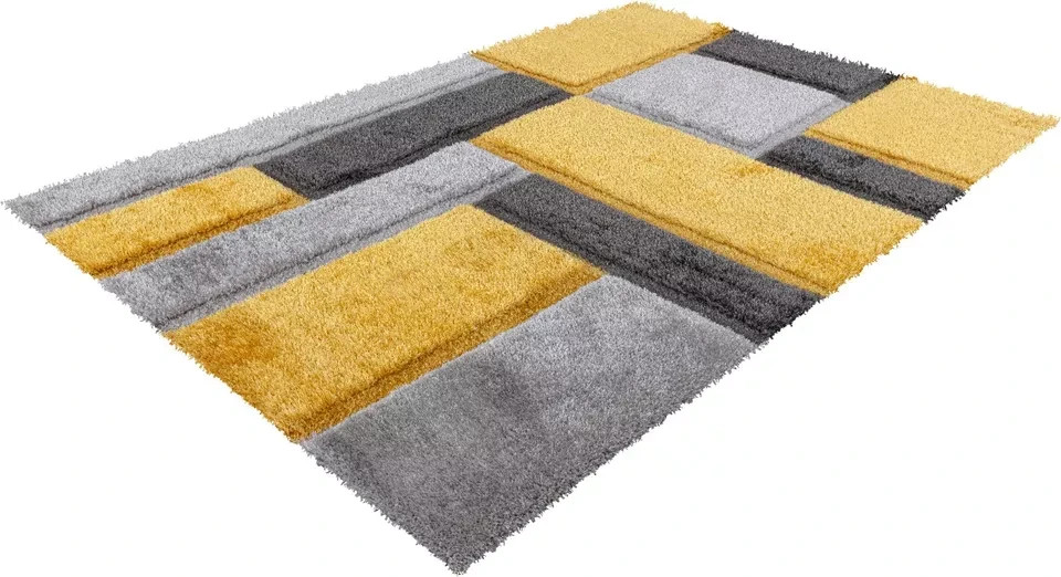 Ochre Zonic Patchwork Shaggy Rug detail view 3 Rugstars UK