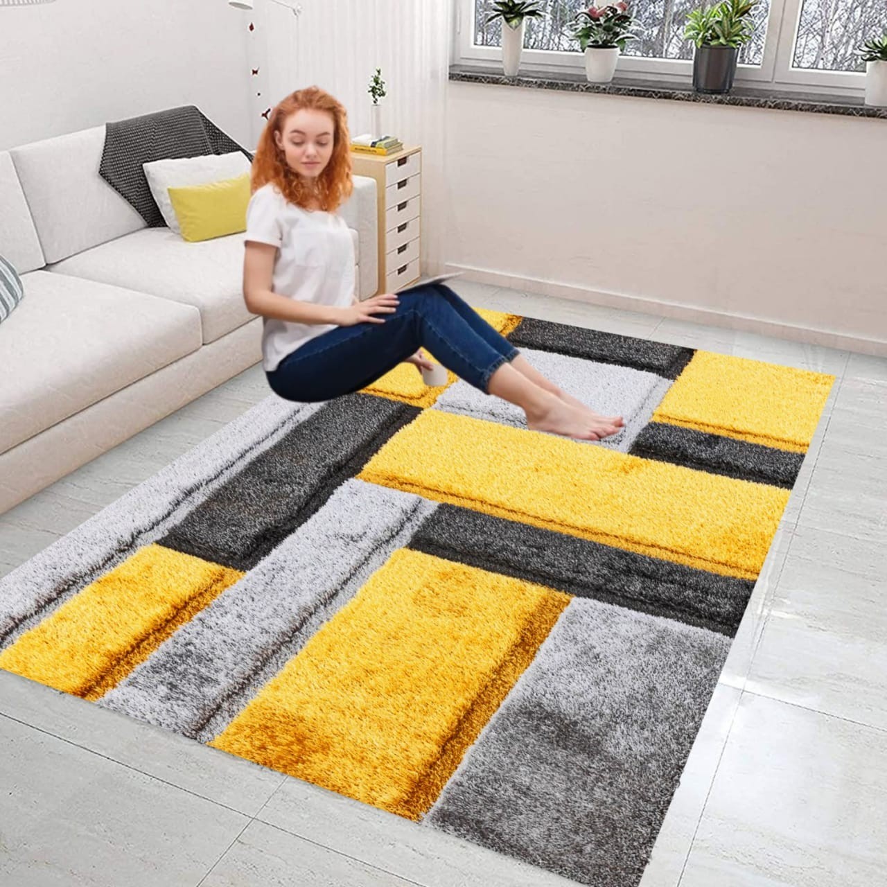 Ochre Zonic Patchwork Shaggy Rug in ochre and grey in a room setting Rugstars UK