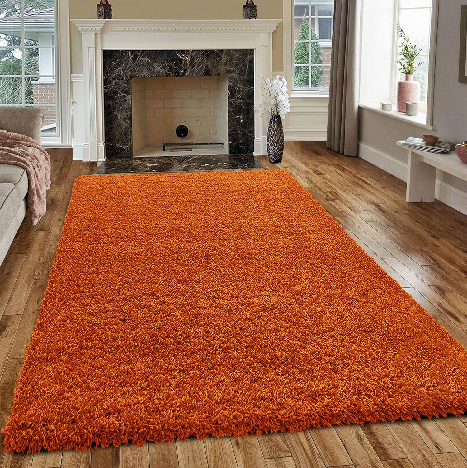 Orange Verona Thick Shaggy Rug in a living room Rugstars UK