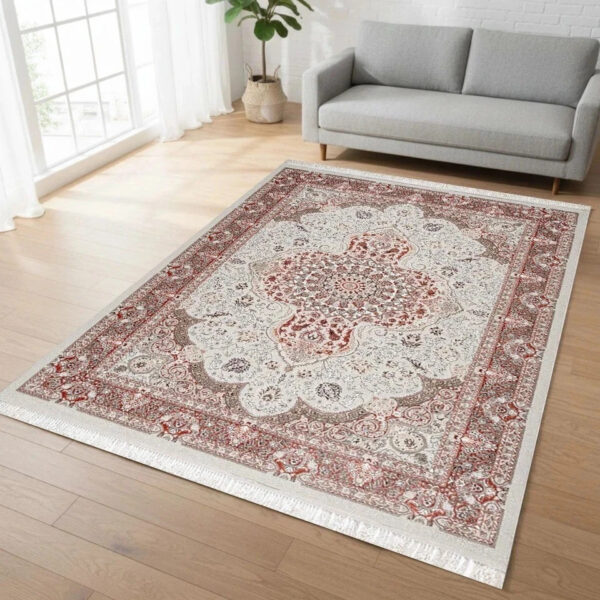 Pink Crystal Traditional Medallion Rug in pink and cream in a room setting Rugstars UK