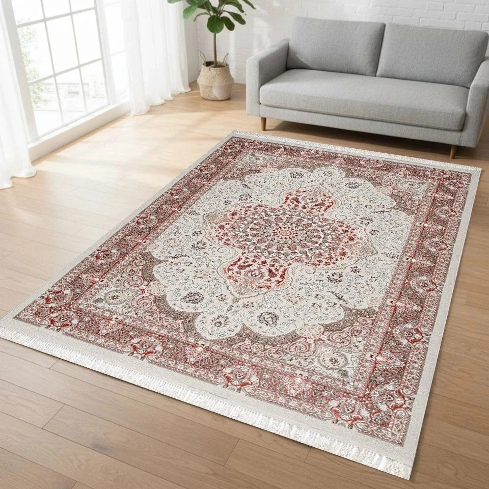 Pink Crystal Traditional Medallion Rug in pink and cream in a room setting Rugstars UK