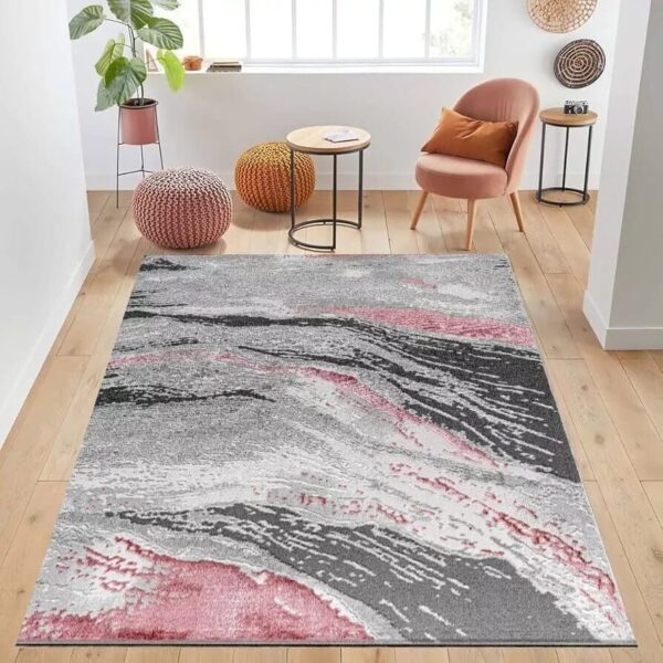 Pink Jeze Modern Distressed Rug in grey and pink in a room setting Rugstars UK