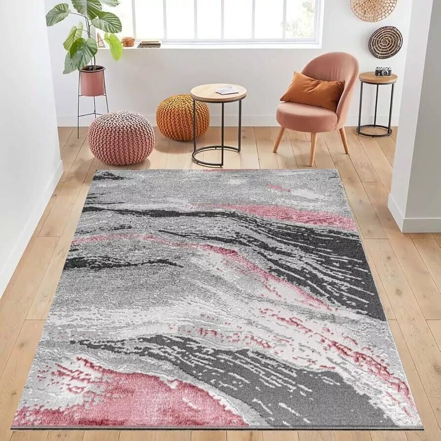 Pink Jeze Modern Distressed Rug in grey and pink in a room setting Rugstars UK