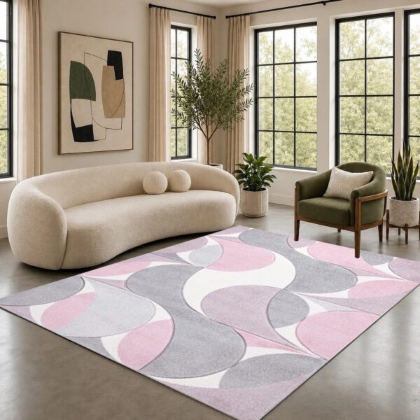 Pink Kenzo Geometric Area Rug in pink and grey in a room setting Rugstars UK