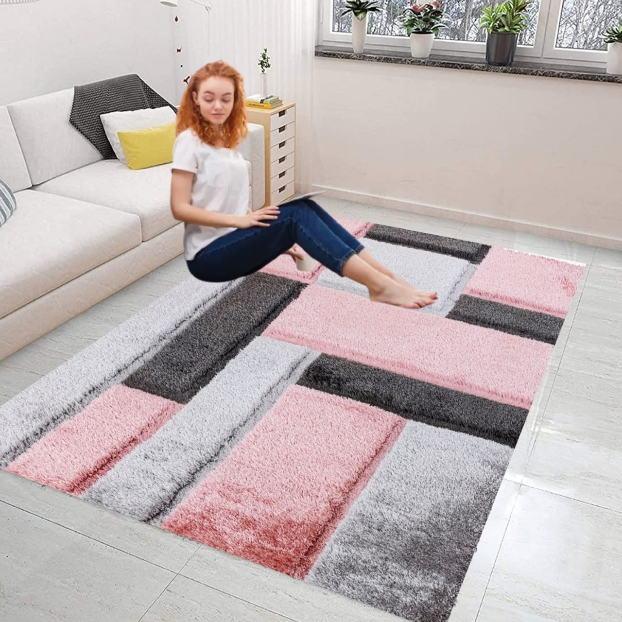 Pink Zonic Patchwork Shaggy Rug detail view 1 Rugstars UK