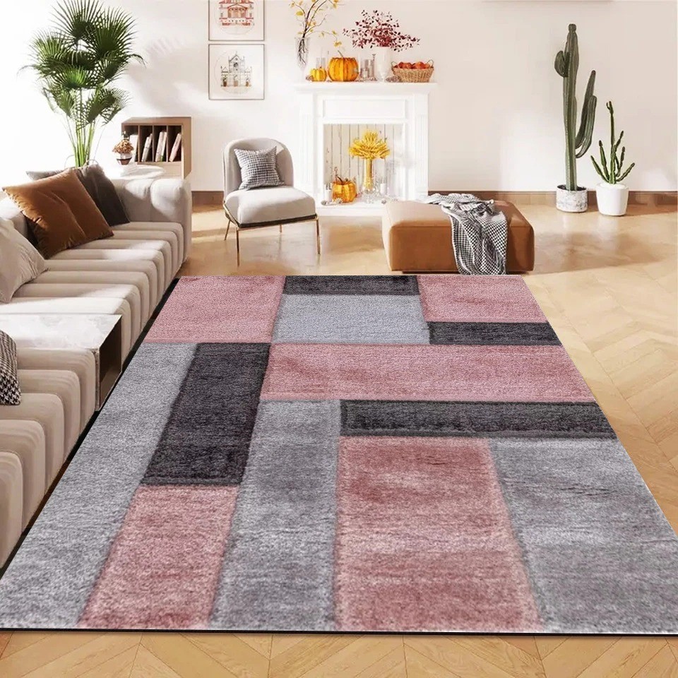 Pink Zonic Patchwork Shaggy Rug in pink and grey in a room setting Rugstars UK