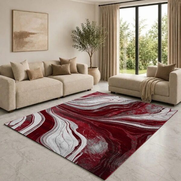 Red Gant Marble Effect Rug in red, grey and white in a living room Rugstars UK
