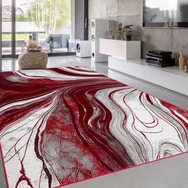 Red Gant Marble Effect Rug in red, grey and white in a bright room setting Rugstars UK