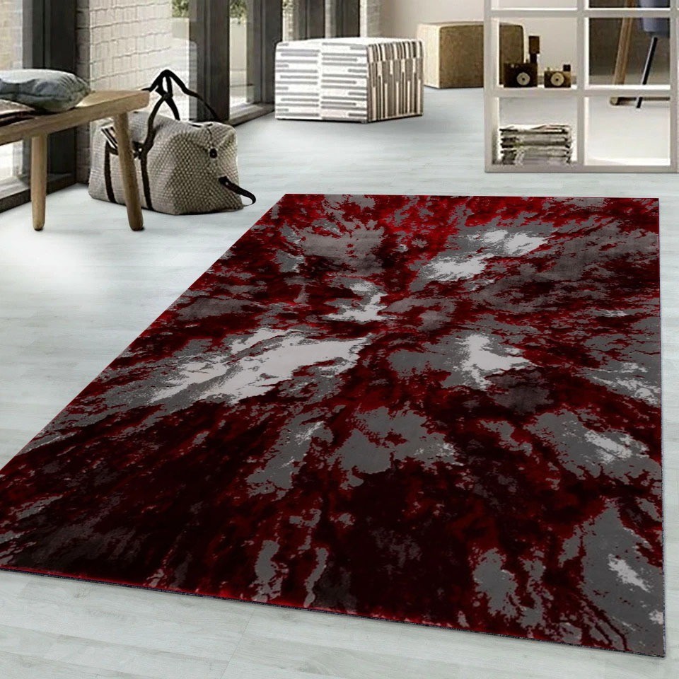 Red Harlo Abstract Area Rug in red, black and white in a living room Rugstars UK