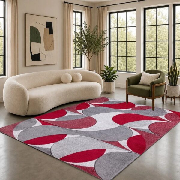 Red Kenzo Geometric Area Rug in red, grey and white in a room setting Rugstars UK