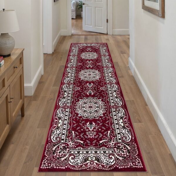 Red Rada Traditional Runner Rug in red and cream in a room setting Rugstars UK
