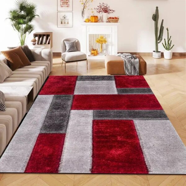 Red Zonic Patchwork Shaggy Rug in red and grey in a room setting Rugstars UK