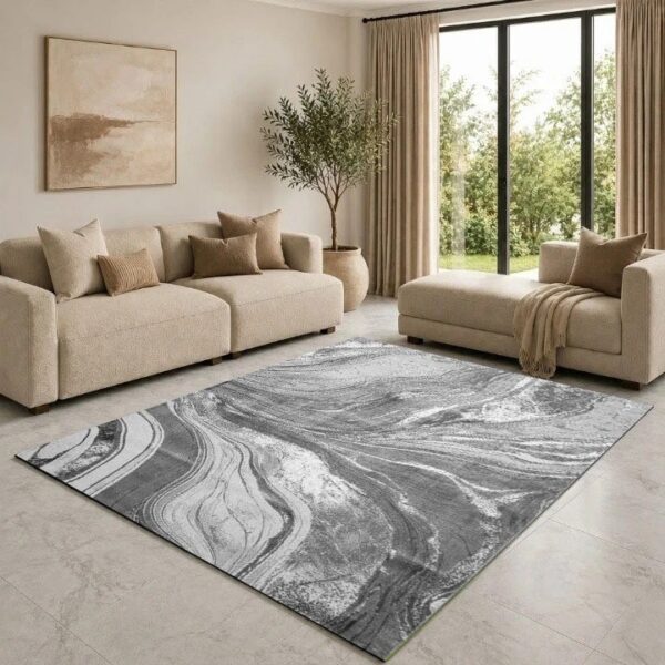 Silver Gant Marble Effect Rug in silver and grey in a living room Rugstars UK