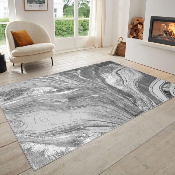 Silver Gant Marble Effect Rug in silver and grey in a bright room setting Rugstars UK