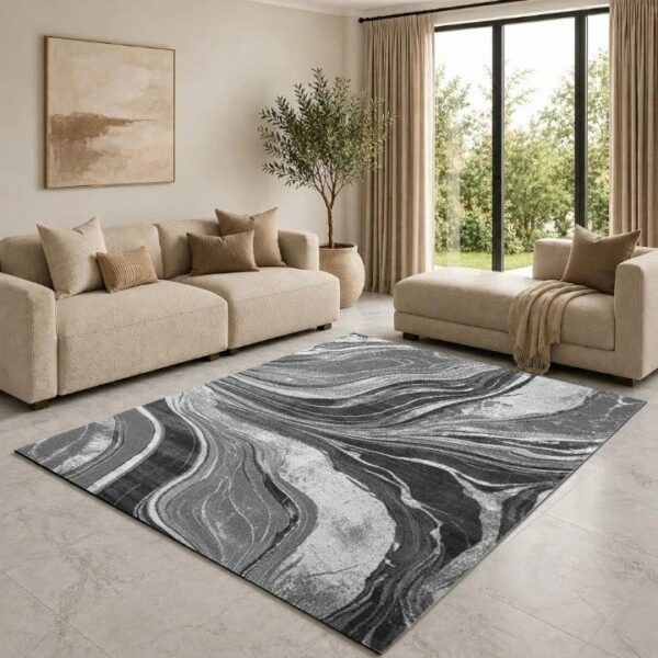 Silver Gant Marble Effect Rug in silver and grey in a lounge setting Rugstars UK