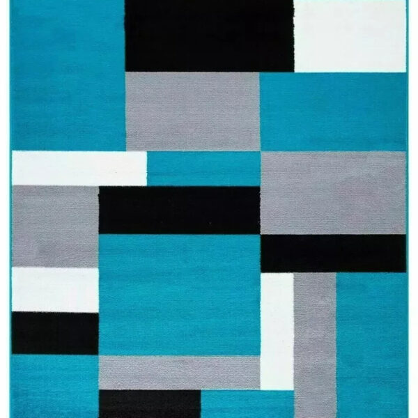 Teal Black Kilas Modern Geometric Rug full view showing teal, black, grey and white blocks Rugstars UK