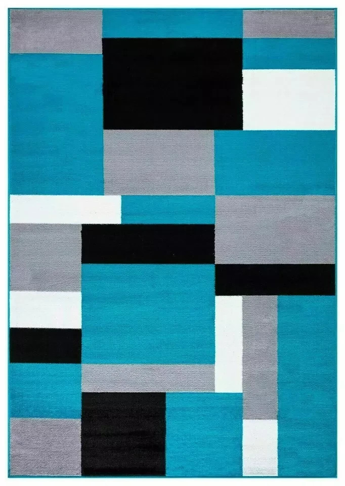 Teal Black Kilas Modern Geometric Rug full view showing teal, black, grey and white blocks Rugstars UK