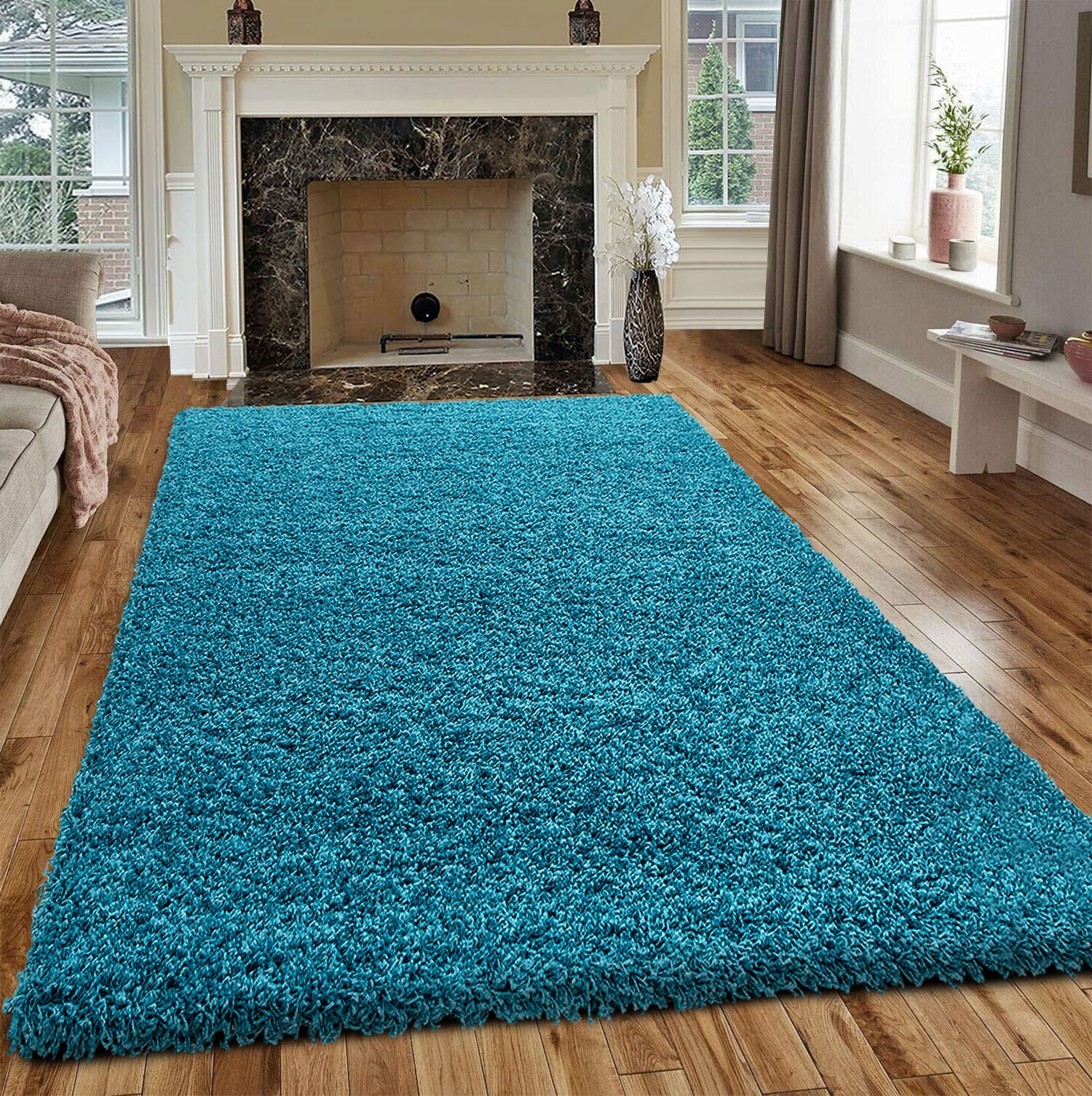 Teal Verona Thick Shaggy Rug in a living room Rugstars UK
