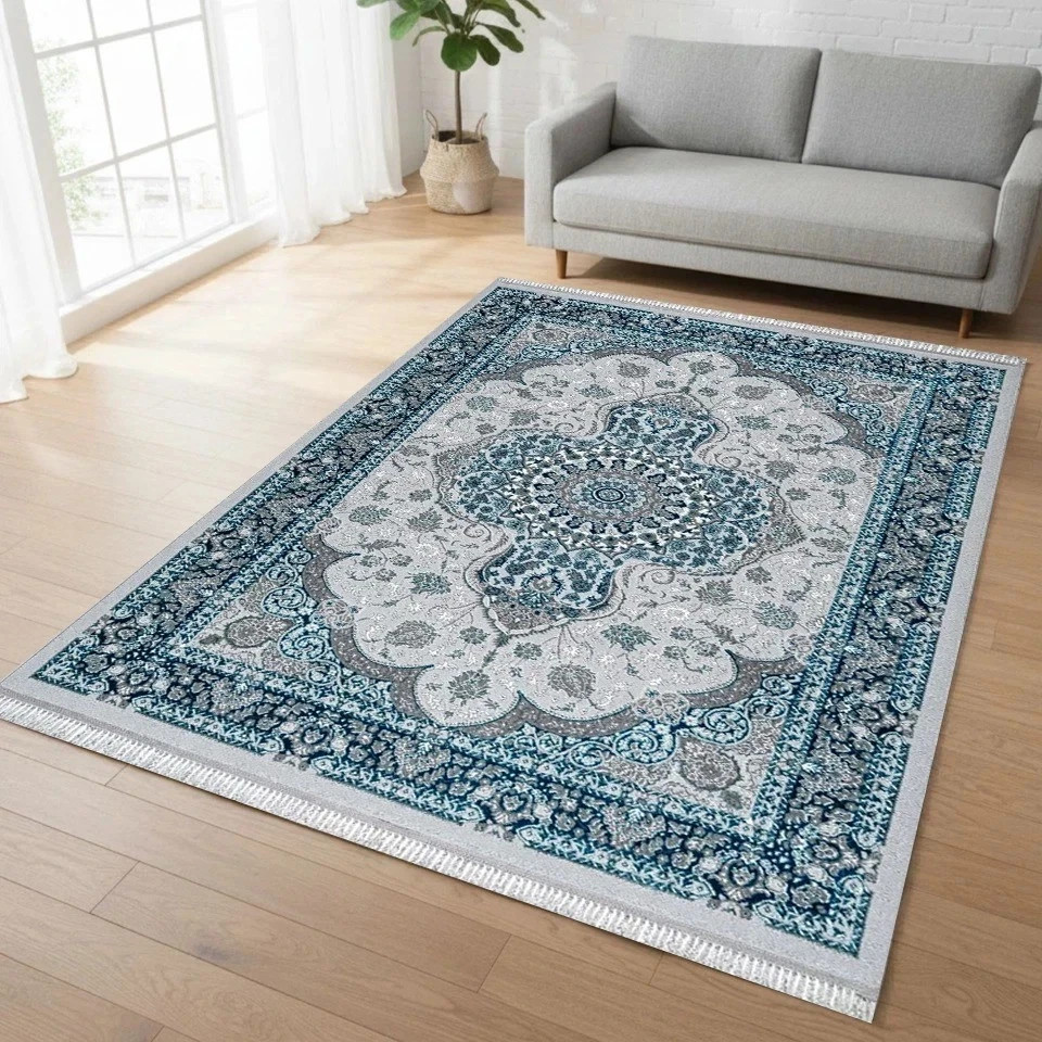 Turquoise Crystal Traditional Medallion Rug in turquoise and cream in a room setting Rugstars UK